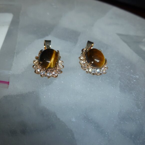 18K Gold Electroplate Tiger's Eye Swarovski Crystals Pendant - Picture 2 of 16